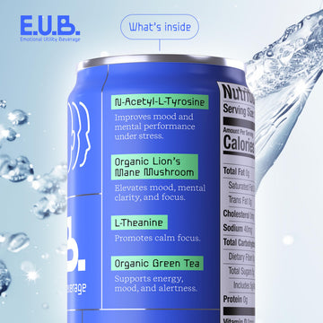 E.U.B. Mango Passionfruit Sparkling Functional Beverage 12oz Can 50mg Caffeine 25 Calories with Nootropics & Adaptogens for Mood & Energy Support