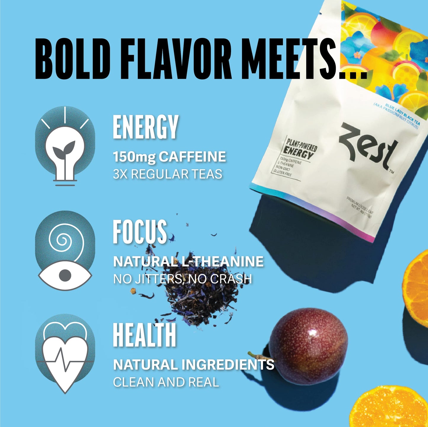 ZEST TEA Blue Lady Black Tea Loose Leaf Blend, 150mg Caffeine, 4 Oz, All Natural Coffee Alternative