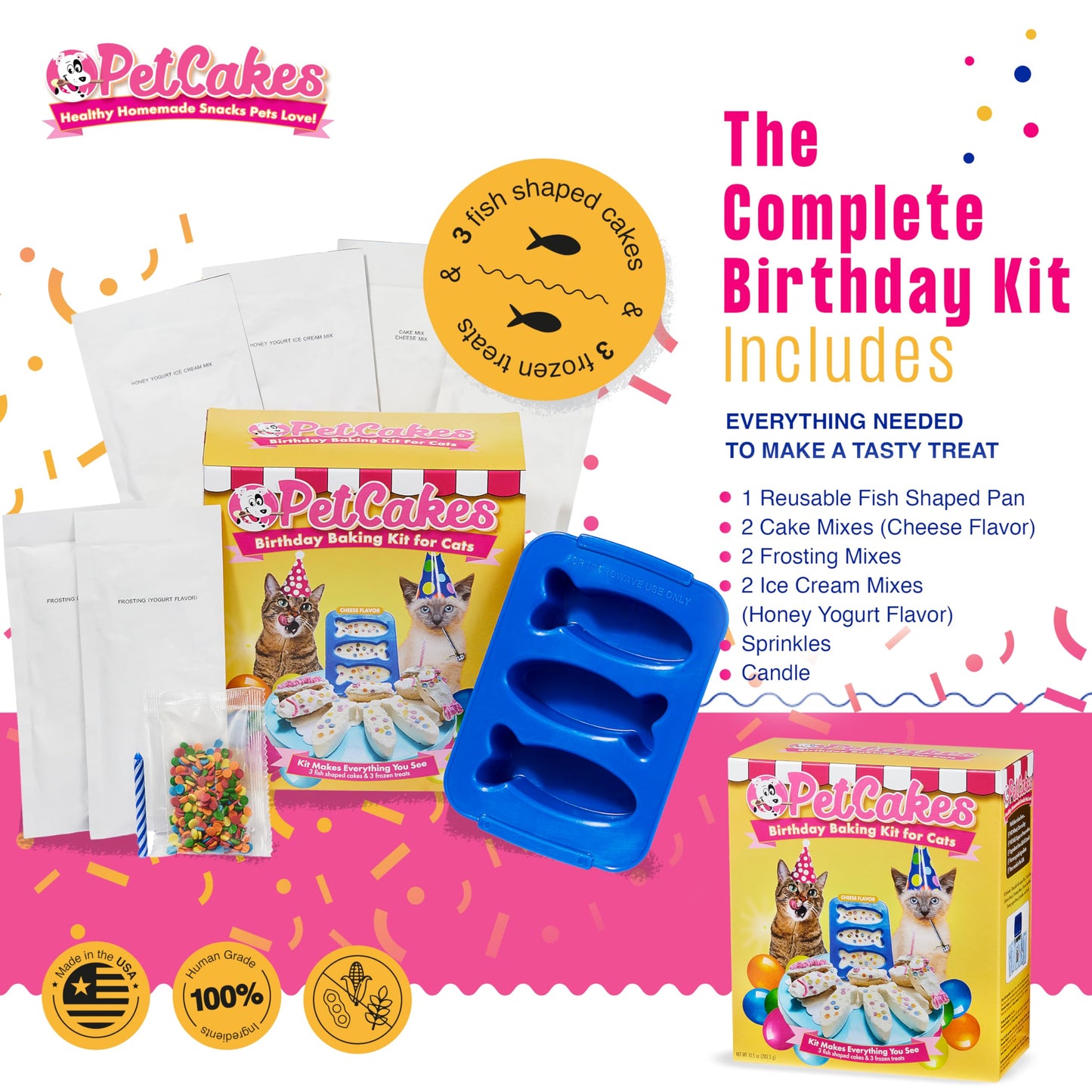 Petcakes Birthday Baking Kit For Cats- Makes 3 Frosted Fish Shaped Cakes & 3 Ice Cream Treats - Includes 2 Healthy Cake Mixes, 2