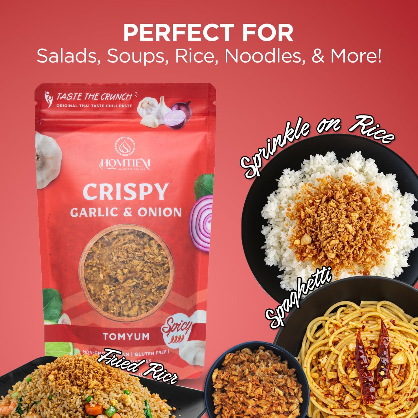 Homtiem Crispy Garlic & Onion : Tomyum 3.5 Oz., Spicy, Versatile Seasoning, All-Natural, Non-Gmo, Vegan & Gluten-Free, Ready-To-