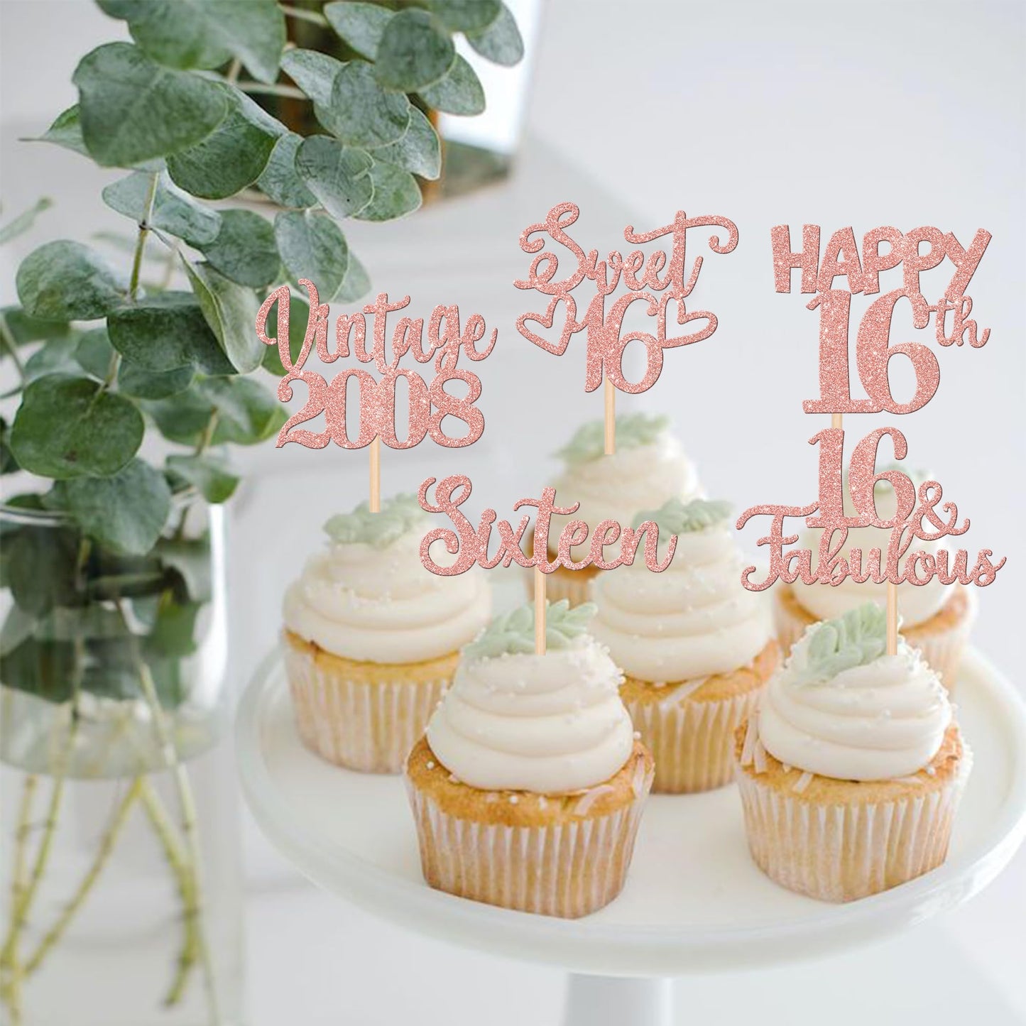 30Pcs Vintage 2008 Cupcake Toppers Glitter Sixteen 16 Fabulous Happy 16Th Birthday Cupcake Picks Cheers To 16 Years For 16Th Bir