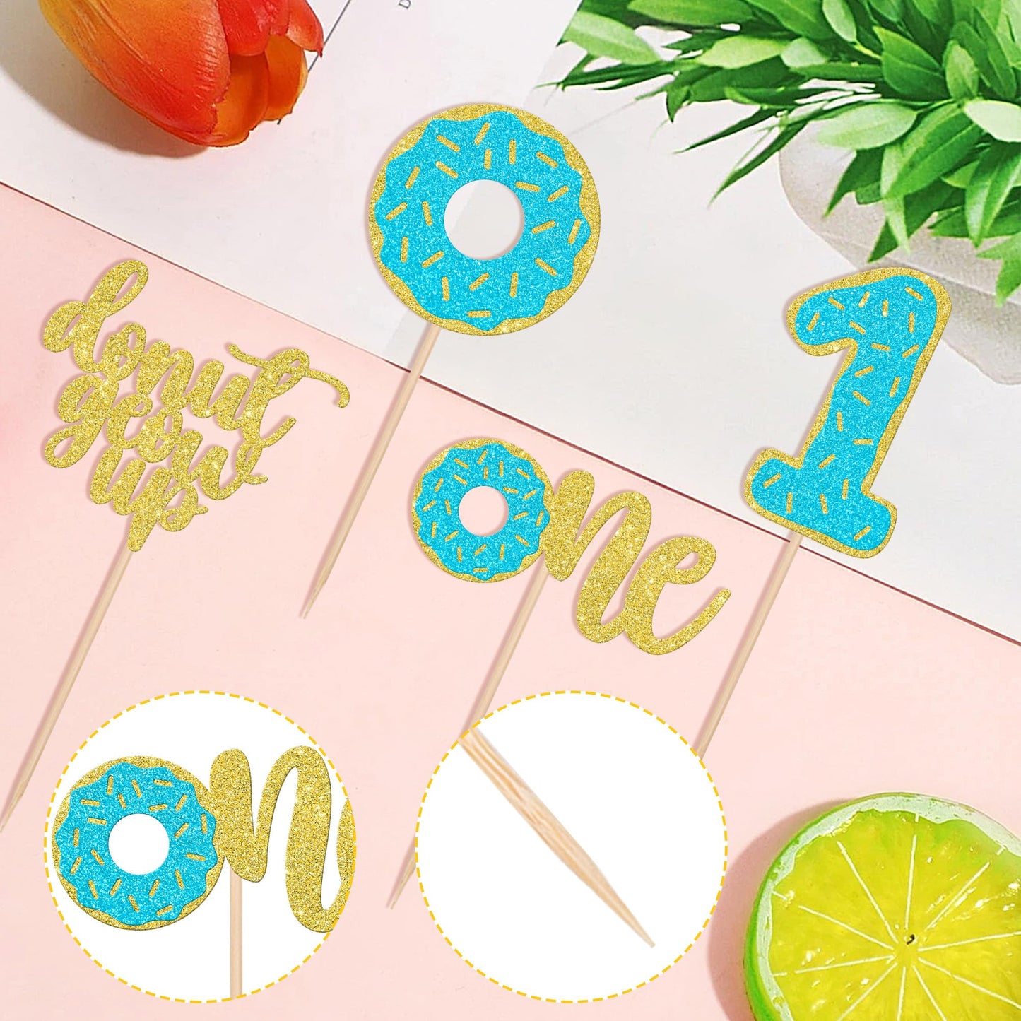 24 Pcs Donut 1St Birthday Cupcake Toppers Glitter Donut Grow Up One Cupcake Picks Donut First Birthday Party Decoration For Donu