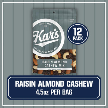Kars Nuts Raisin Almond Cashew Mixed Nuts, 3 Oz Individual Snack Packs - Bulk Pack Of 12, Gluten-Free Snacks