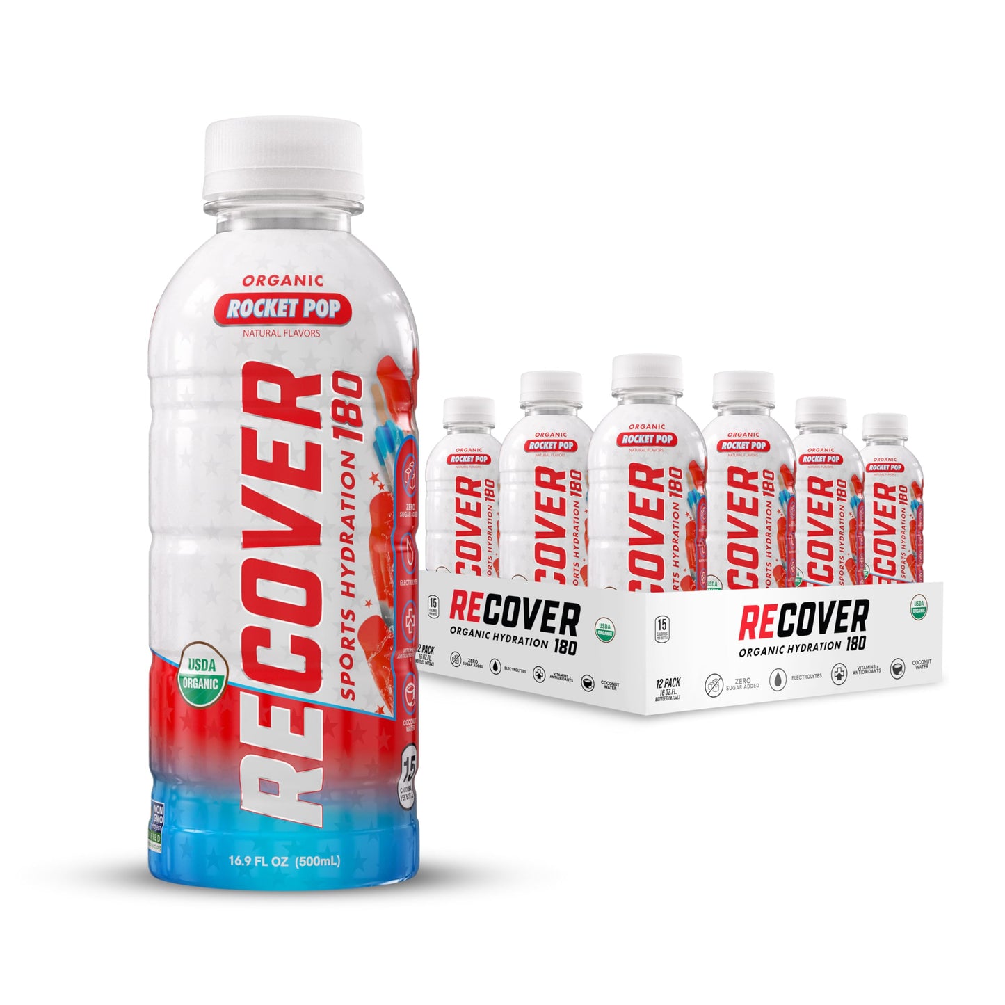 RECOVER 180 Organic Sports Hydration Drink, No Sugar, 20 Calories, Electrolytes, 16.9 Fl Oz (Pack of 12), Rocket Pop Flavor