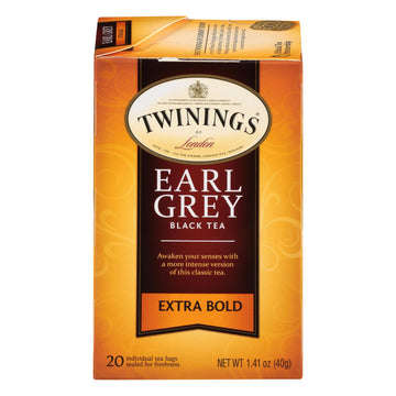 Twinings Earl Grey Extra Strong Black Tea Individually Wrapped Bags, 20 Count (Pack of 6), Flavoured with Citrus and Bergamot, C