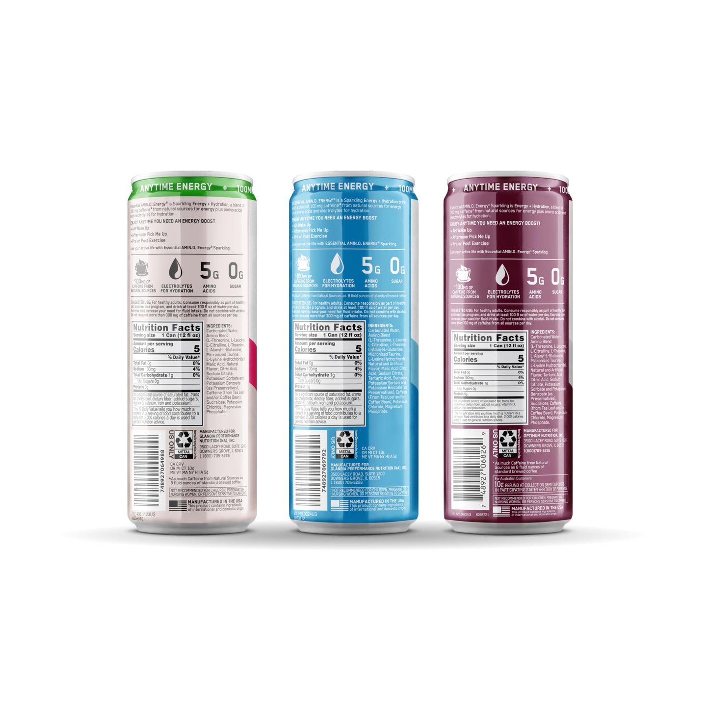 Optimum Nutrition Amino Energy Sparkling Hydration Drink Electrolytes Caffeine Amino Acids BCAAs Sugar Free 12 Fl Oz Berry Variety Pack of 12 (Packaging May Vary)