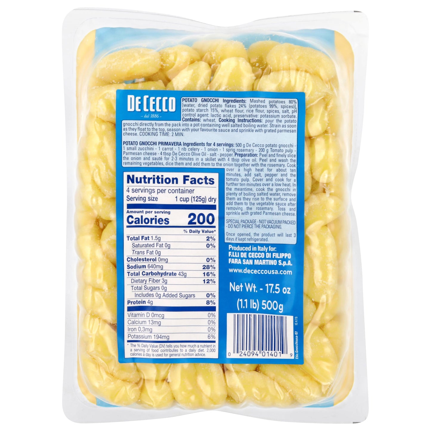 De Cecco Pasta, Potato Gnocchi, 1.09 Pound (Pack of 1)