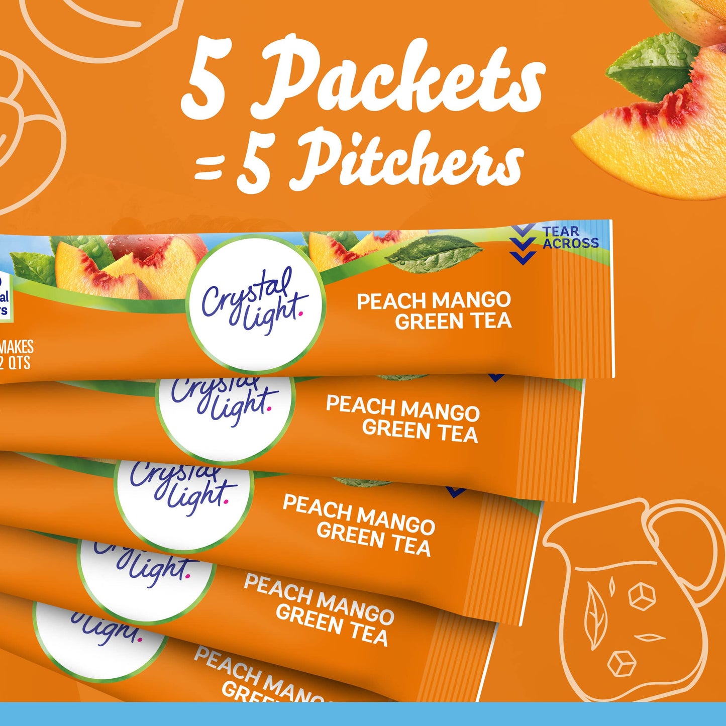 Crystal Light Peach Mango Green Tea Powdered Drink Mix, 60 ct, 12 Canisters of 5 Pitcher Packets, Naturally Flavored, 1.85 oz each