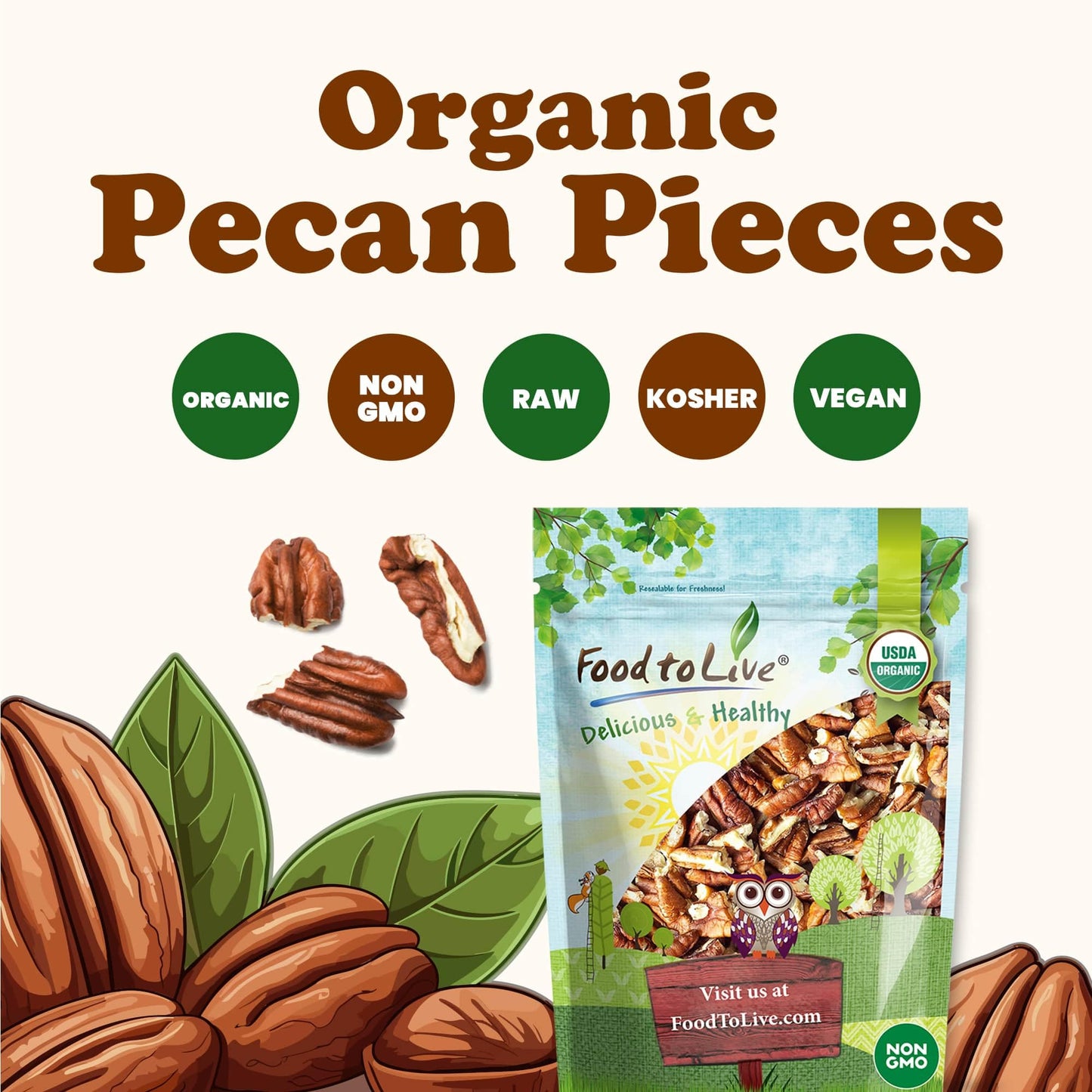 Food To Live Organic Pecan Pieces, 1.5 Pounds Raw, Chopped Pecans, Non-Gmo, Unsalted, Unroasted, Kosher, Shelled, Kosher, Vegan, Sirtfood, Bulk. Keto-Friendly. Good Source Of Iron, And Calcium