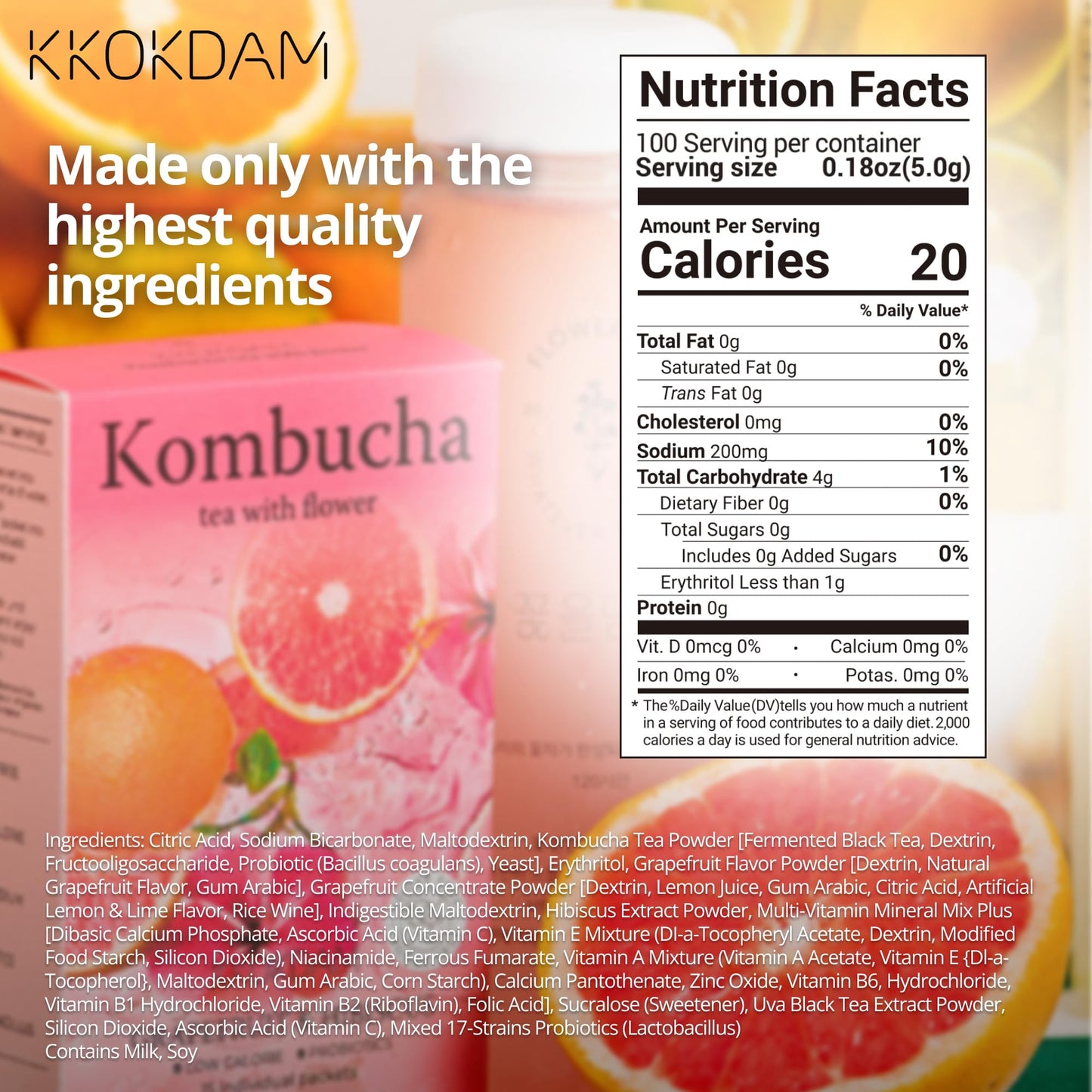 Kkokdam Kombucha Tea - Grapefruit & Hibiscus Korean Tea - Kombucha Drinks Probiotic Support, Low Calorie, Sugar Free Kombucha Pa