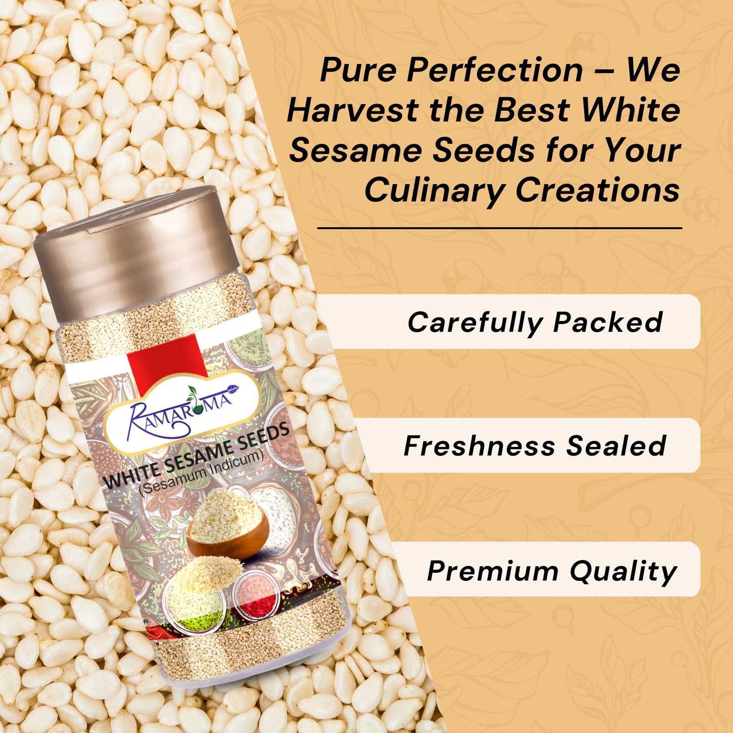 Ramaroma, Organic Hulled Sesame Seeds (100G/3.5Oz) Non-Gmo, Vegan | Rich & Pure Whole Raw White Sesame Seeds | Perfect For Noodl