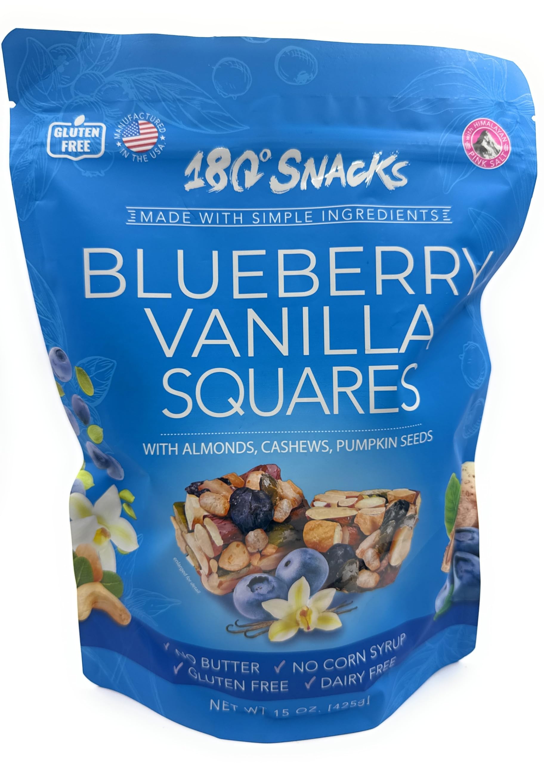 180 Snacks, Blueberry Vanilla Squares, with Almonds, Cashews, Pumpkin Seeds, 15 oz.