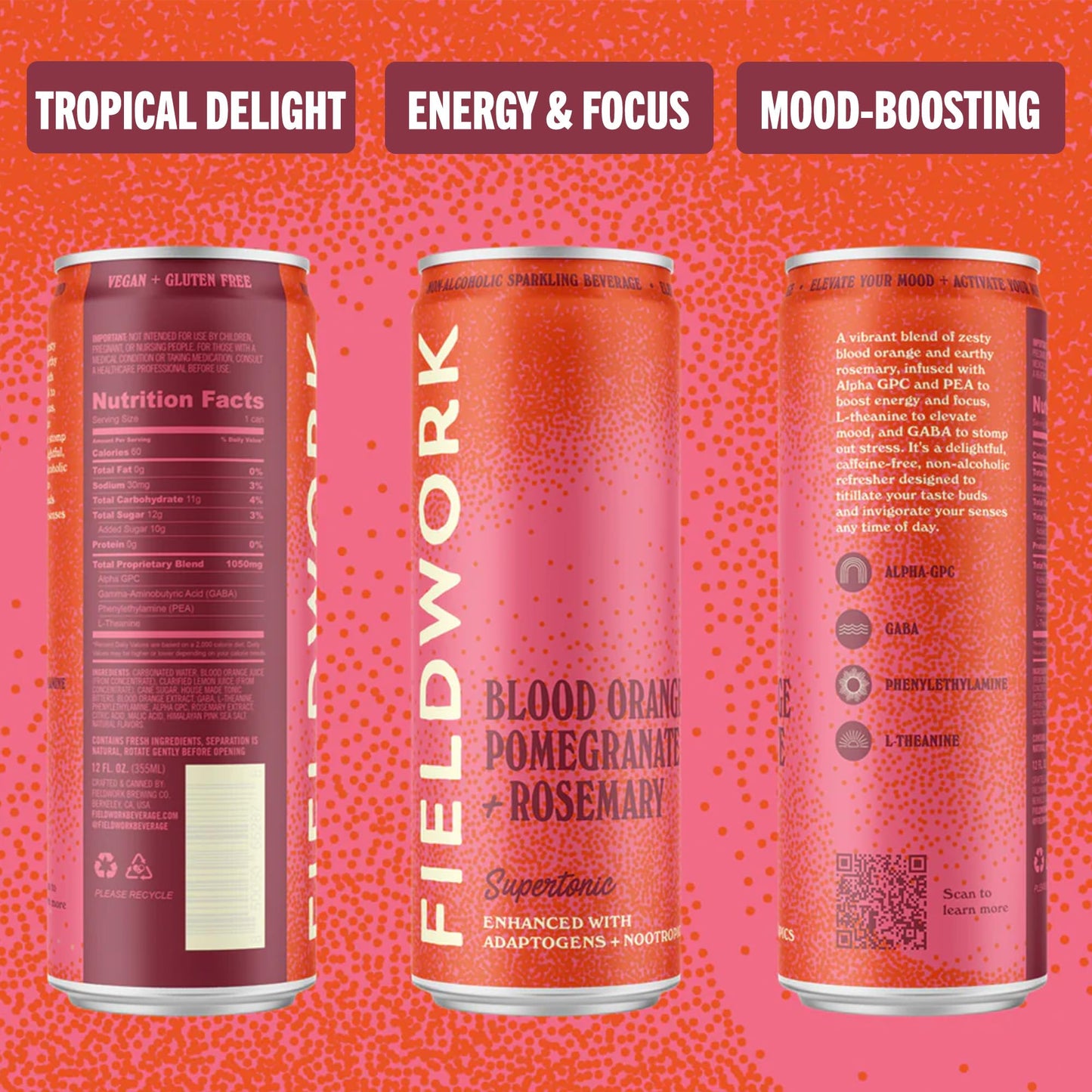 Fieldwork Adaptogen Sparkling Drink, Blood Orange + Rosemary, 12 oz Cans, 4-Pack