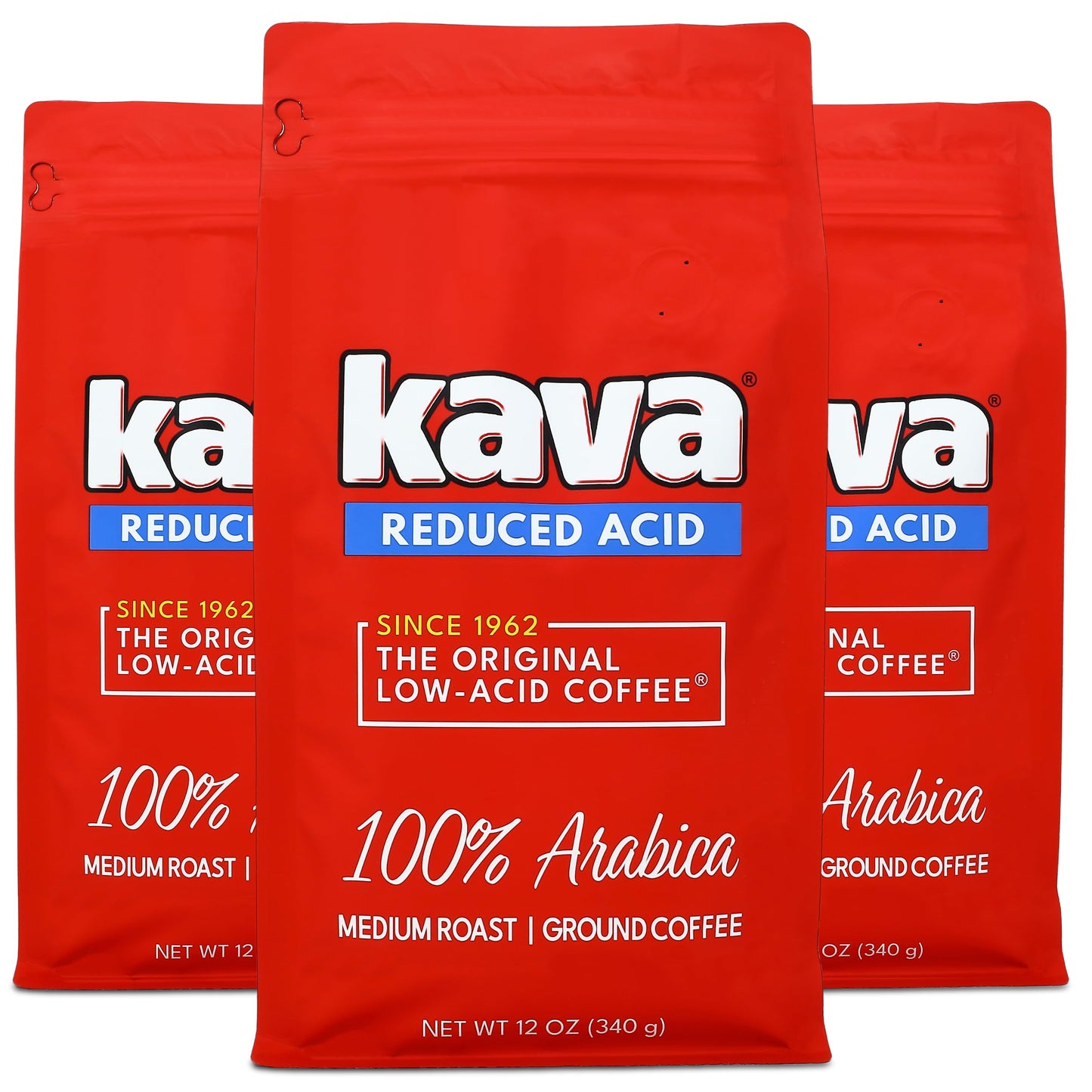 Kava Low Acid Neutralized Ground Coffee - Medium Roast Arabica Smooth Flavor 12 Ounce Bag (Pack Of 3)