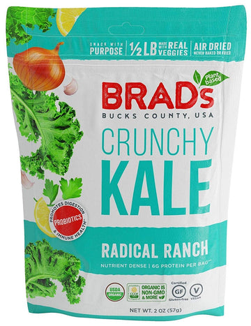 Brads Plant Based Organic Crunchy Kale, Radical Ranch, 12 Bags, 24 Servings Total