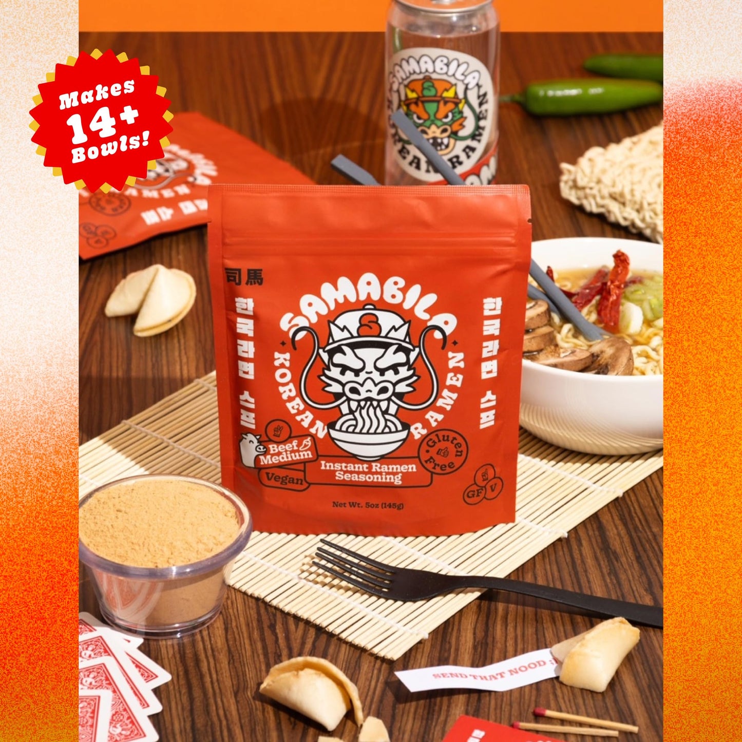 Samabila Beef Instant Ramen Seasoning Powder - Gluten Free - Vegan - Medium Spicy - Premium Soup Powder - 5 Oz