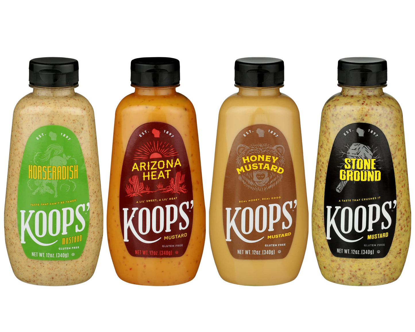 Koops' Fan Favorites Mustard Variety Pack - Horseradish, Arizona Heat, Honey Mustard, & Stone Ground - Gluten-Free, Kosher, Made