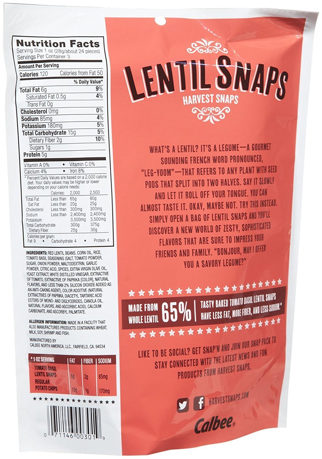 Calbee Lentil Snaps - Tomato Basil - 3 OZ - 4 Pack