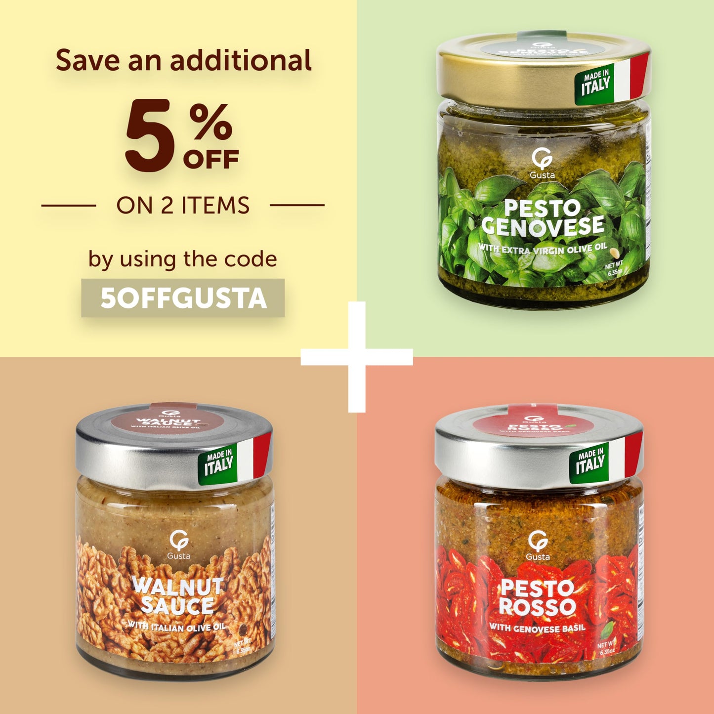 GUSTA Sun-Dried Tomato Red Pesto Sauce - All-Natural Gourmet Spread - 180g Jar