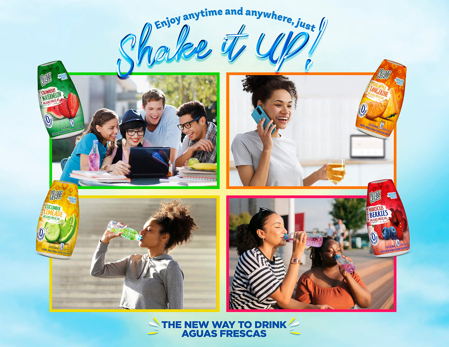 Klass Aguas Frescas Liquid Water Enhancer Sugar-Free Variety Pack, Cucumber Limeade, Strawberry Watermelon, Hibiscus Berries & Pineapple Tangerine, 1.62 Fl Oz, (Pack Of 4 Makes 24 Servings Each)