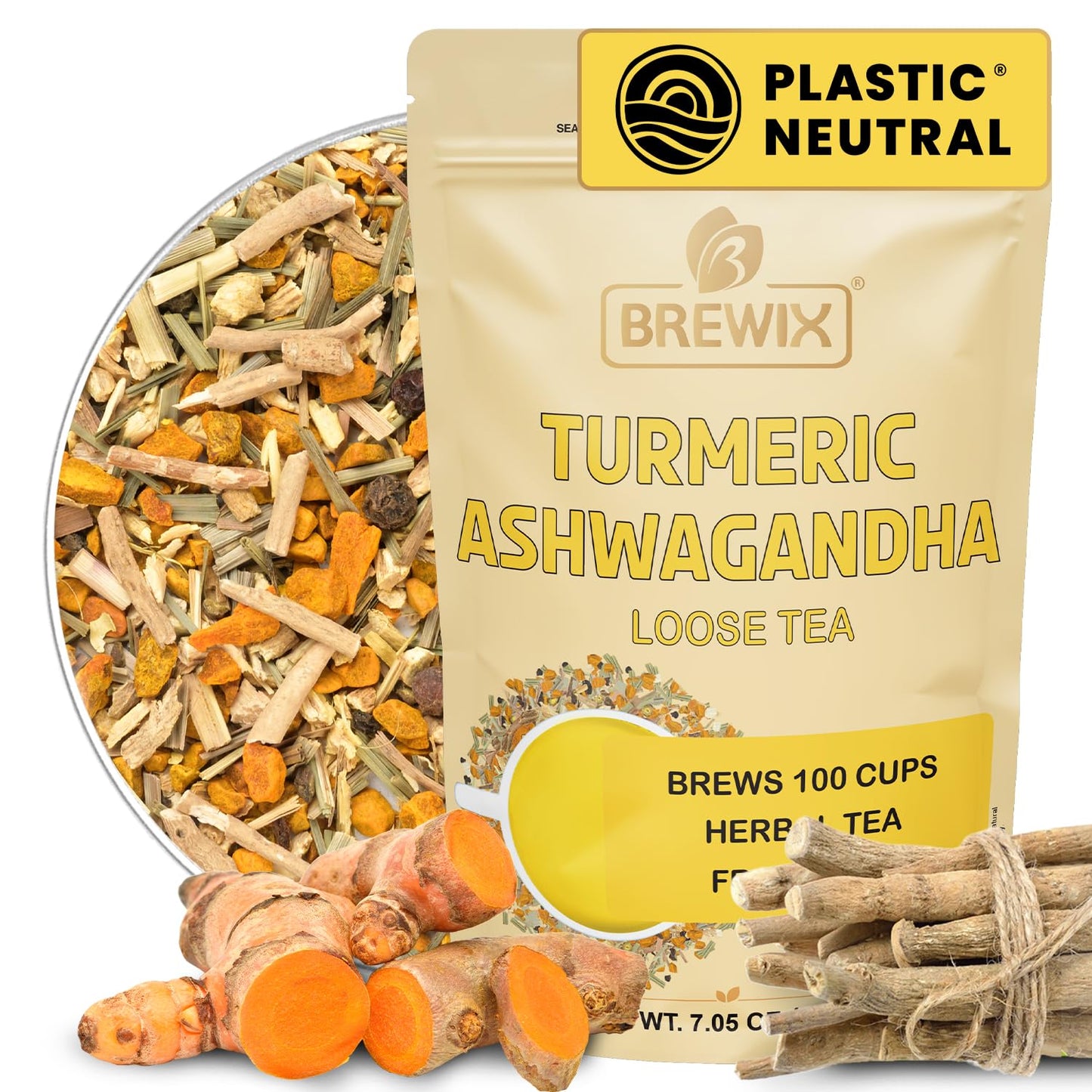 Brewix Turmeric Ashwagandha Herbal Tea Loose Leaf (100+ Cups 7.05Oz/200G) Real Ingredients From India Energy Blend Free & Naturally Gluten Free