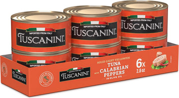 Tuscanini Italian Solid Light Yellowfin Tuna in Olive Oil with Calabrian Chili Peppers, 2.82oz (6 Pack) No MSG | Natural Flavors