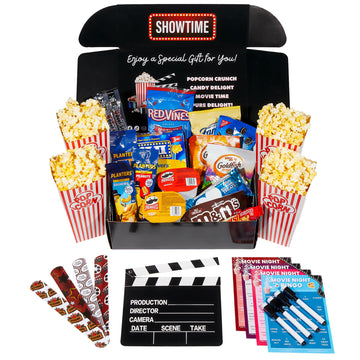 Movie Night Basket Gift Set - Popcorn Candy Snacks game-style and more - 33 Items - Movie Night Gift Box Gift Basket for Date Night Family Night Birthday College Students Teens Men Women Kids Grandpa Grandma Friend or Teacher