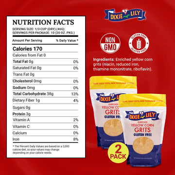 Dixie Lily Yellow Corn Grits - Quick-Cooking, Gluten-Free, Non-Gmo, Low Fat & Sodium, Essential Vitamins & Minerals, Classic Sou