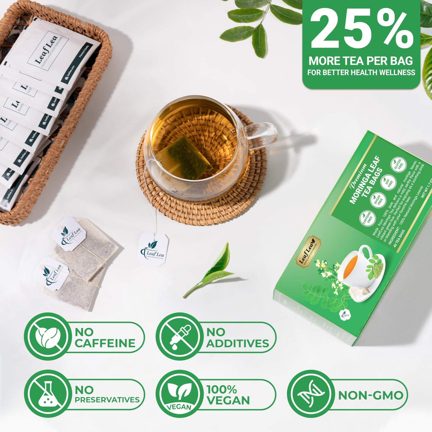 LeafLea Moringa Tea Bags - 100% Natural Herbal Tea, Caffeine-Free, Vegan - 40 Bags