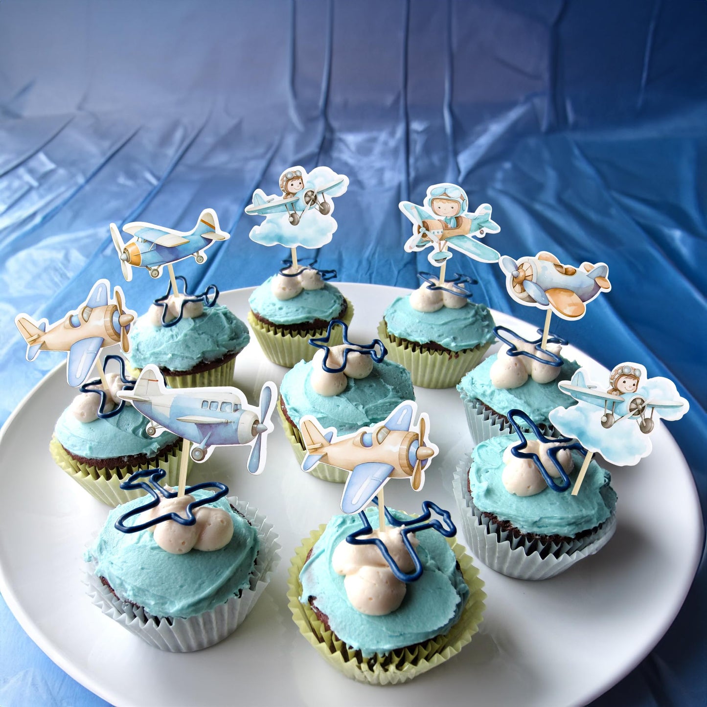 Gyufise Air Cupcake Toppers, 36Pcs Paper Decorations, 2.4x3.9 inches, Blue, Ideal for Theme Baby Shower or Kids Birthday Party