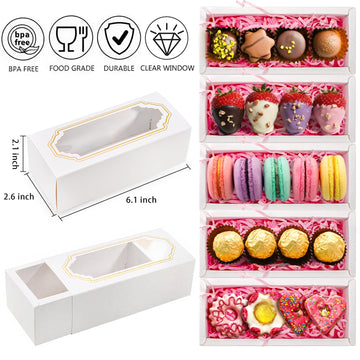 Nicunom 50 Pack Macaron Boxes With Clear Window, Small Macaron Packaging Container Pastry Cookie Candy Strawberry Boxes For 5 Bakery Cocoa Truffle Dessert Wedding Gift