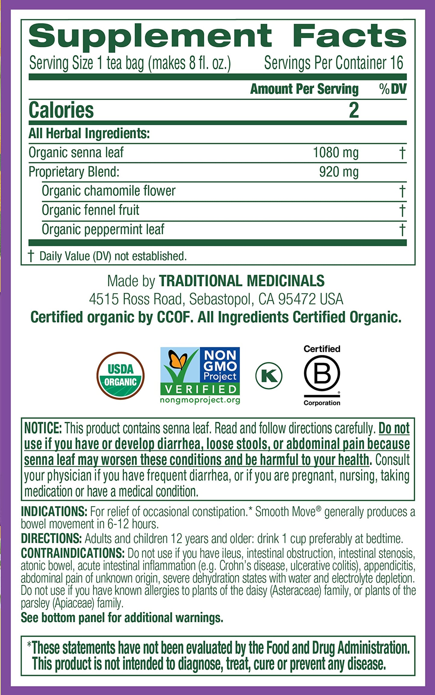 Traditional Medicinals Tea, Organic Smooth Move Chamomile, Relieves Occasional Constipation, Senna, 16 Tea Bags