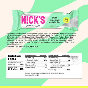 NICKS Mint Chocolate Protein Bars - 16g Protein, No Added Sugar, Low Carb, Keto Friendly Snack - 210 Calories per Bar - 12-Pack