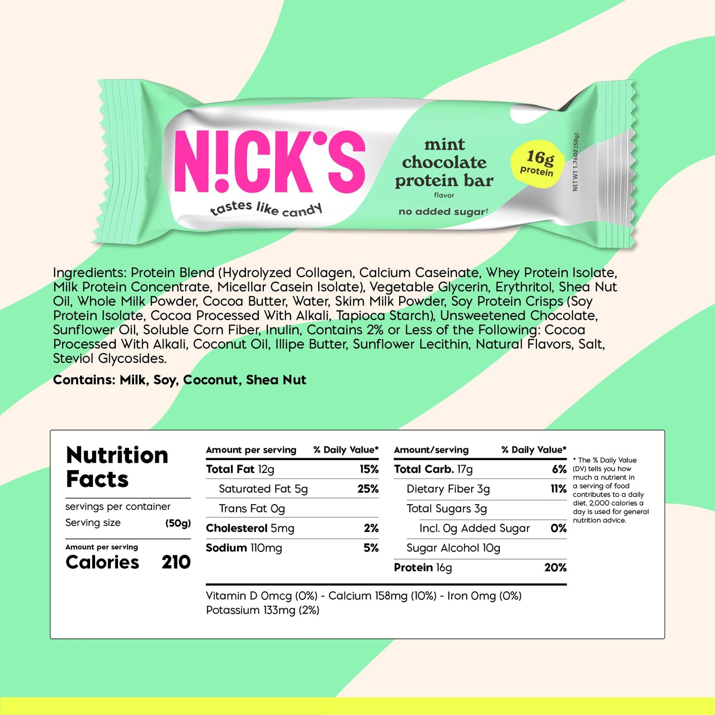 NICKS Mint Chocolate Protein Bars - 16g Protein, No Added Sugar, Low Carb, Keto Friendly Snack - 210 Calories per Bar - 12-Pack