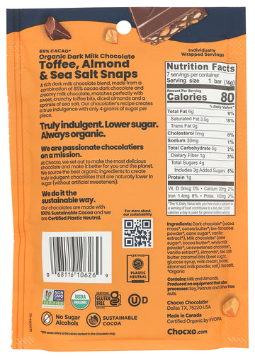 CHOCXO Organic Toffee Almond 69% Dark Milk Chocolate Snaps, 3.45 OZ