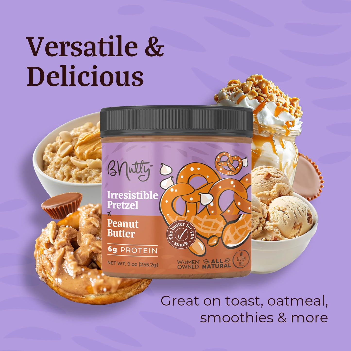Bnutty Sweet & Salty Peanut Butter | Simply Salted Caramel, Irresistible Pretzel, Perfectly Crunchy & Creamy | Natural, Gluten-F