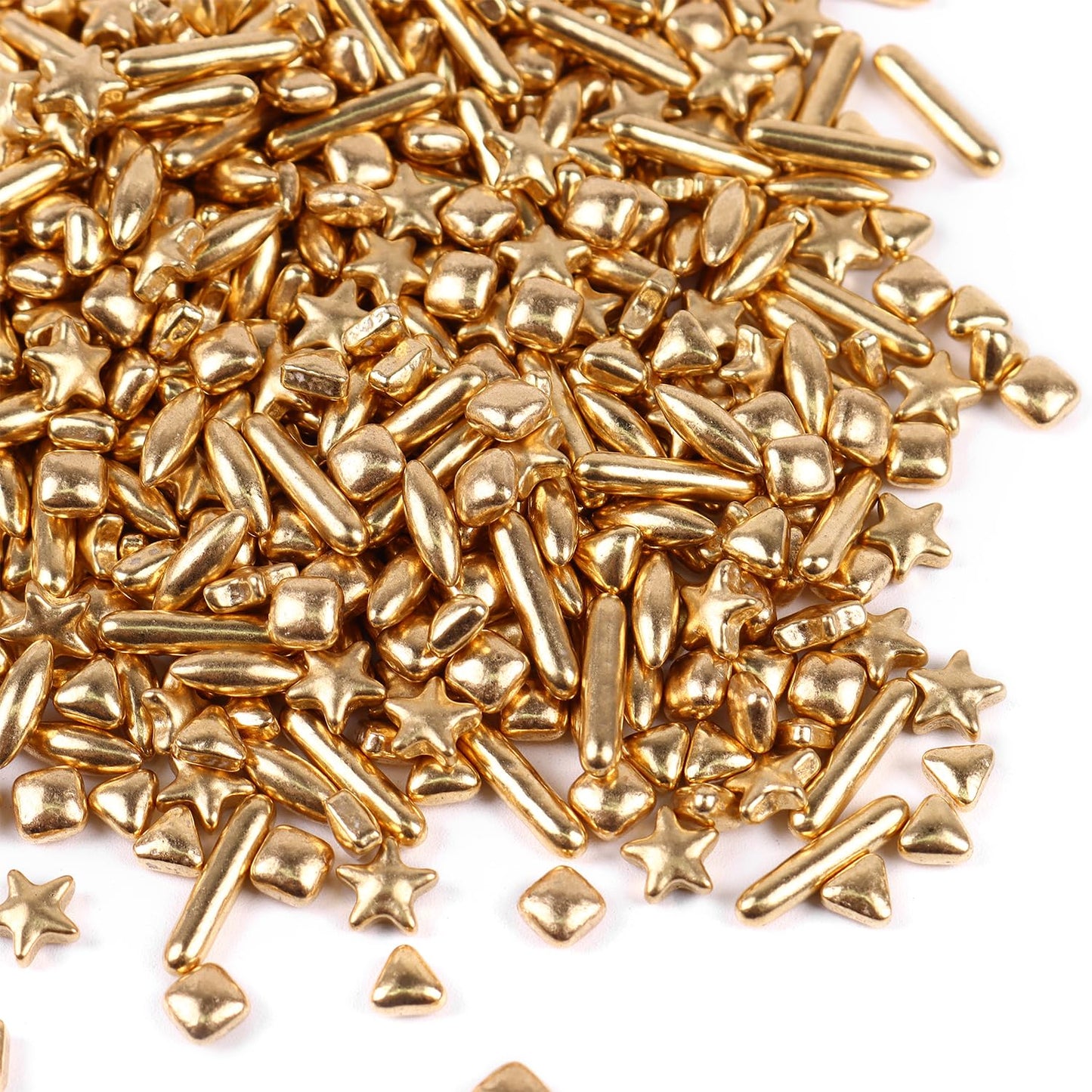 Gold Star Sprinkles For Cake Decorating 3.5 Ounces Gold Assorted Sugar Cupcake Topper Cookies Perfect For Xmas Wedding New Years Eve Party (Cube Jumbo Rice Gold Star Gold Rods Gold Triangle Sugar)