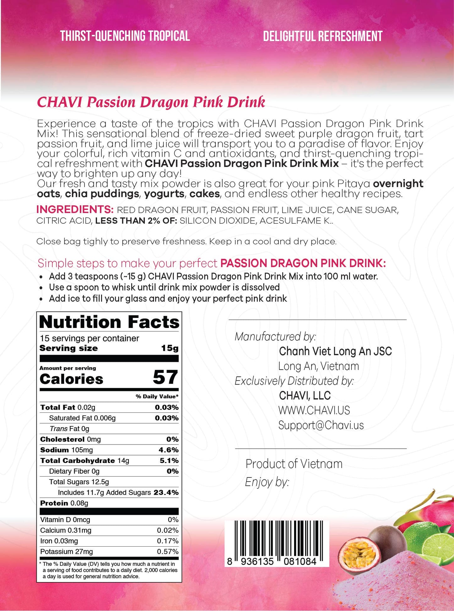 CHAVI Passion Dragon Pink Drink Mix - Natural Pitaya & Passion Fruit - 8 Ounce Superfood