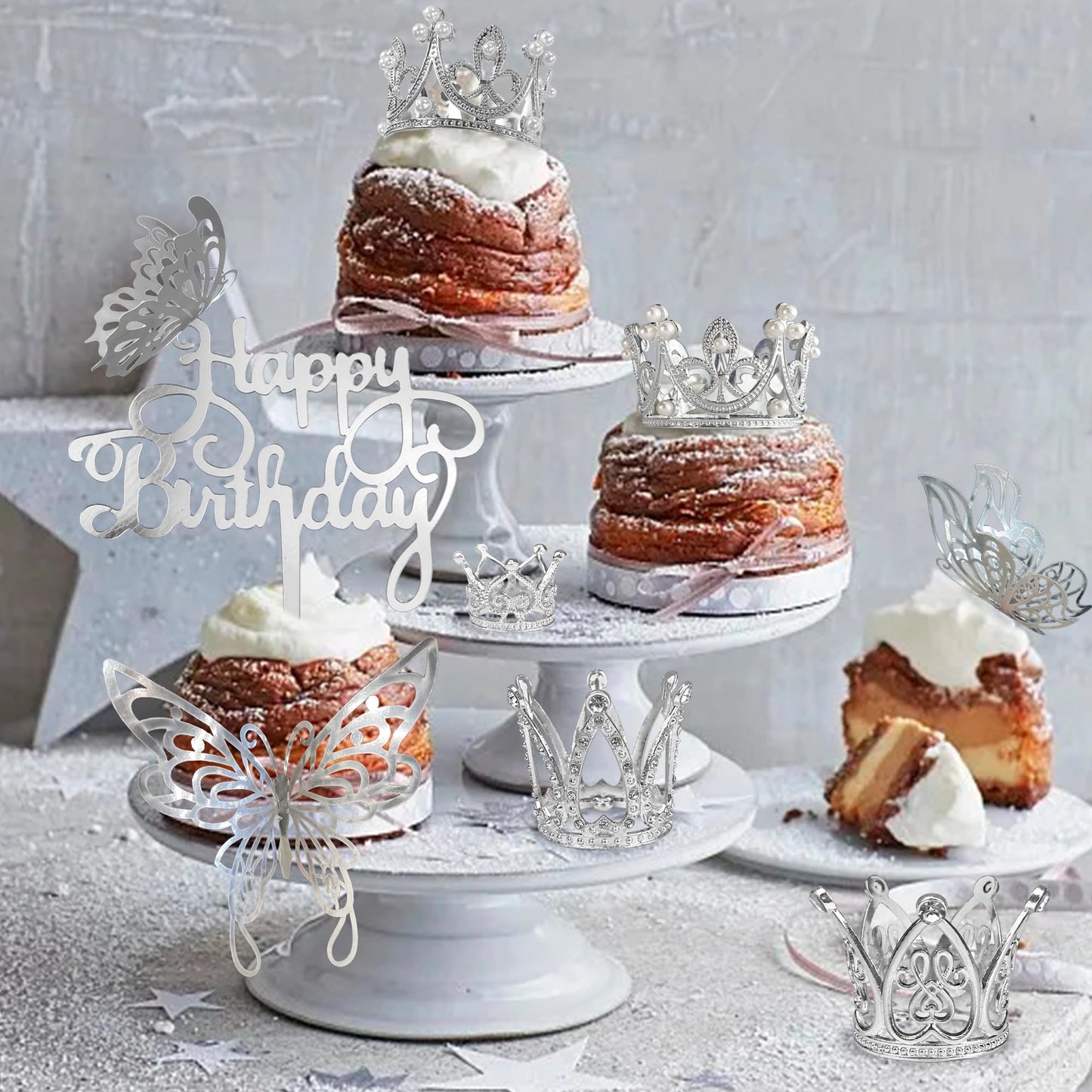 44 Pcs Silver Crown Cake Decoration 16 Pcs Mini Crown Tiny Crown With 24 Pcs Butterfly Wall Decors And 4 Pcs Birthday Cake Toppe