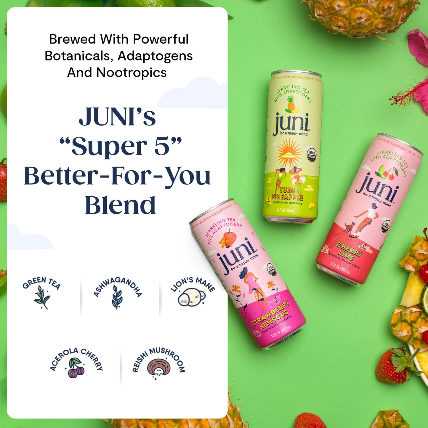 JUNI Sparkling Adaptogen Drink, Strawberry Hibiscus, 12 Fl Oz, Pack of 12, Zero Sugar, Decaffeinated, Non- ic