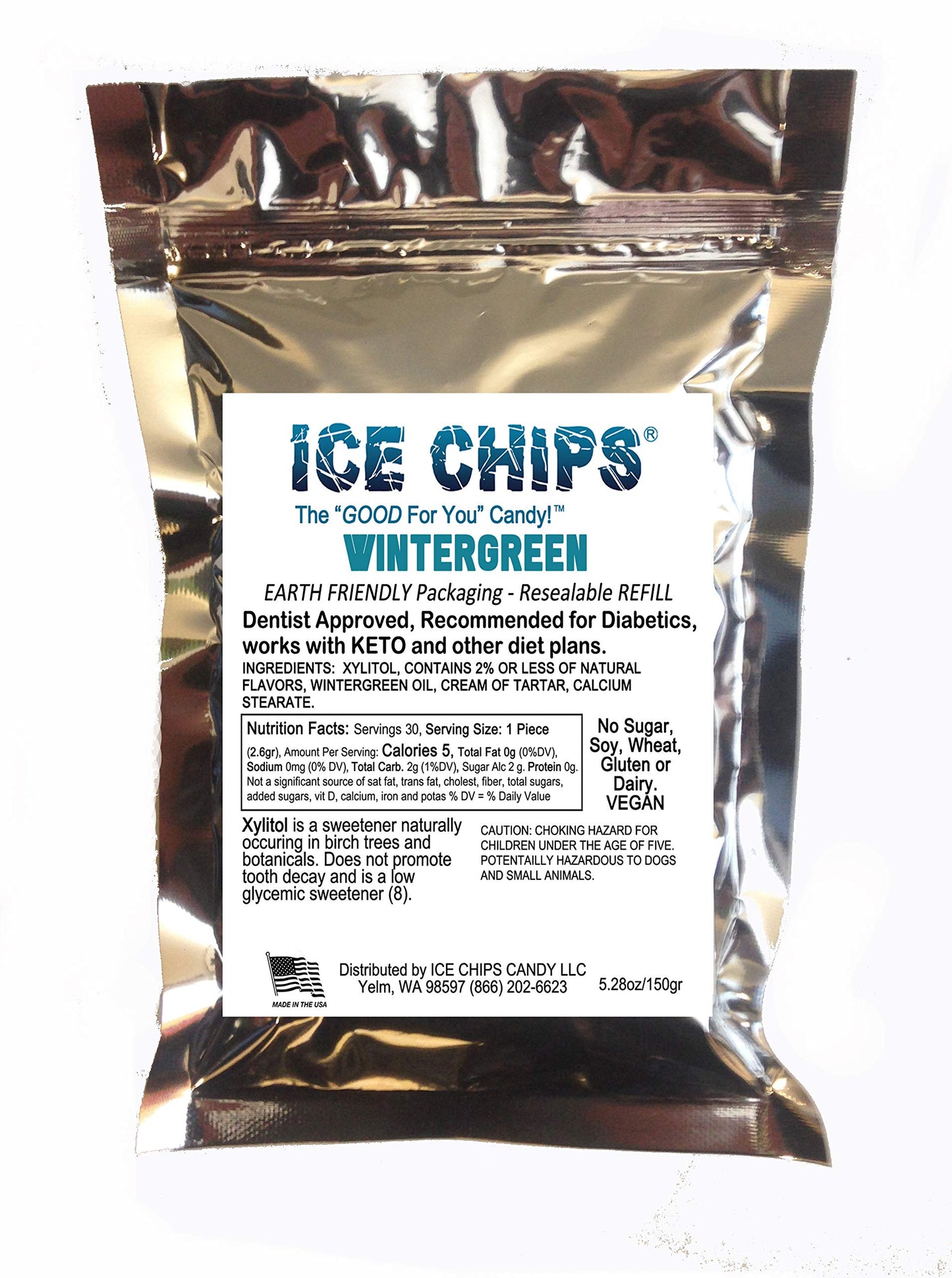 Ice Chips Xylitol Candy In Large 5.28 Oz Resealable Pouch; Low Carb & Gluten Free (Wintergreen)
