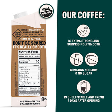 Wandering Bear Straight Black Organic Cold Brew Coffee, 32 Fl Oz, 3 Pack - Extra Strong, Smooth, Organic, Unsweetened, Shelf-Sta