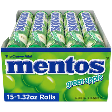 Mentos Chewy Mint Candy Roll, Green Apple, Bulk, Party, Non Melting, 1.32 Ounce/14 Pieces (Pack Of 15)