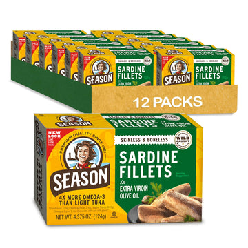 Season Sardines In Extra Virgin Olive Oil - Skinless & Boneless, Wild Caught, 22G Of Protein, Keto Snacks, More Omega 3'S Than Tuna, Kosher, High In Calcium, Canned Sardines - 4.37 Oz Tins, 12-Pack