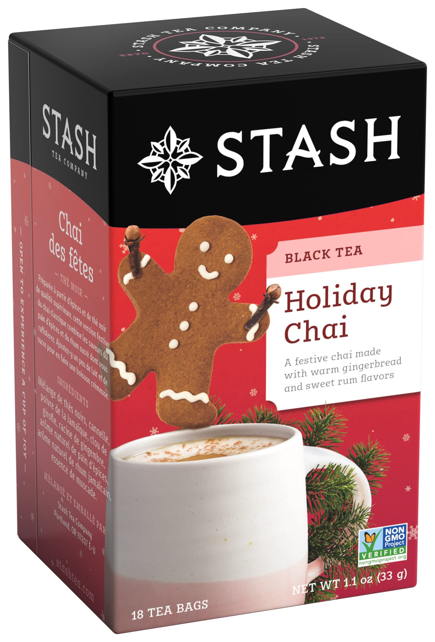 Stash Tea Holiday Chai Tea 18 Count Tea Bags (Pack Of 6) Individual Spiced Black Tea Bags For Use In Teapots Mugs Or Cups Brew Hot Tea Or Iced Tea