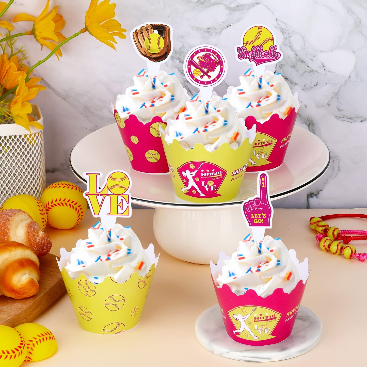 48Pcs Softball Cupcake Toppers And Wrappers Softball Party Supplies Softball Cupcake Decorations For Girls Kids Teens Sport Them