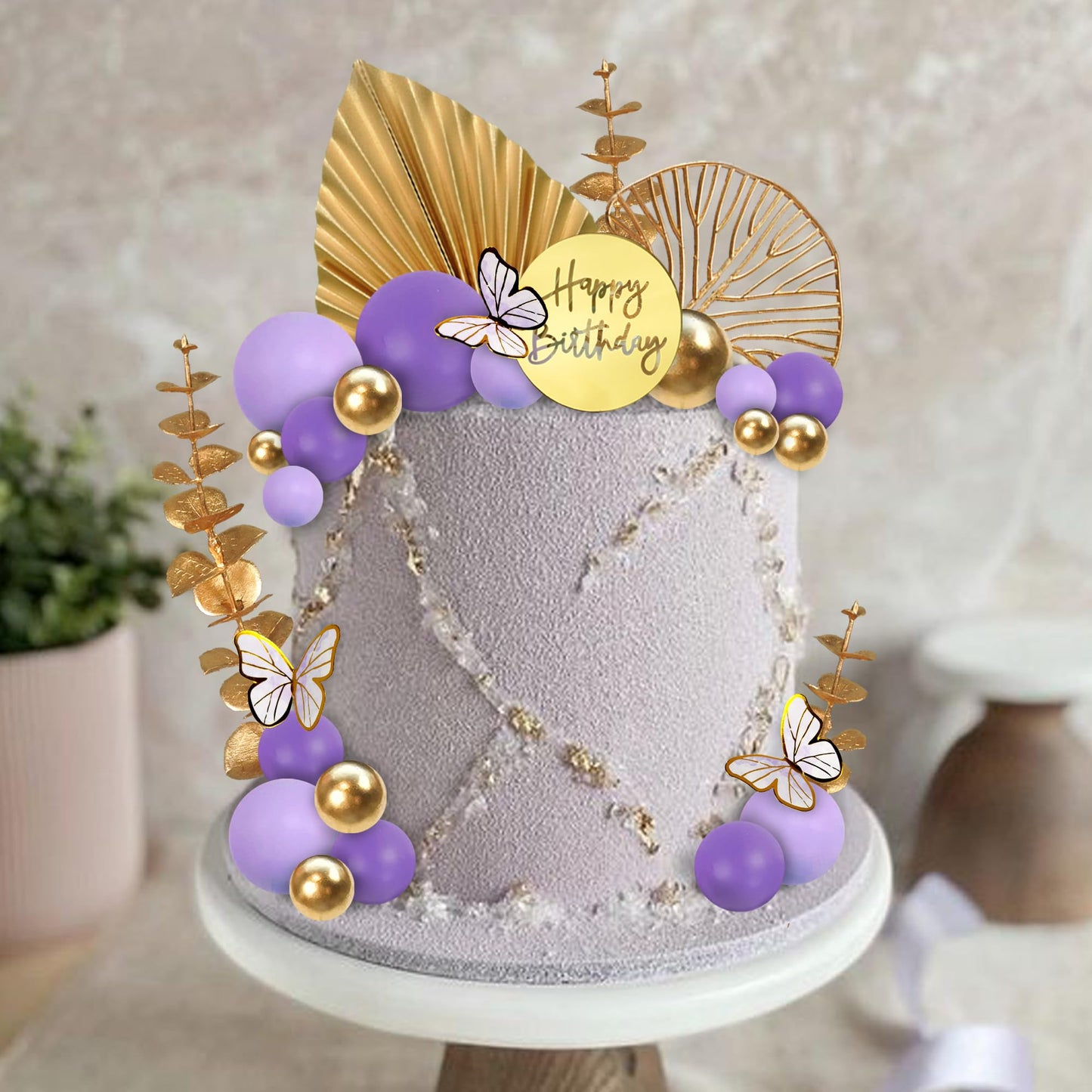 Boho Cake Topper Happy Birthday Cake Decorations With Balls Butterflies Eucalyptus For Wedding Baby Shower Boys Girls Birthday T