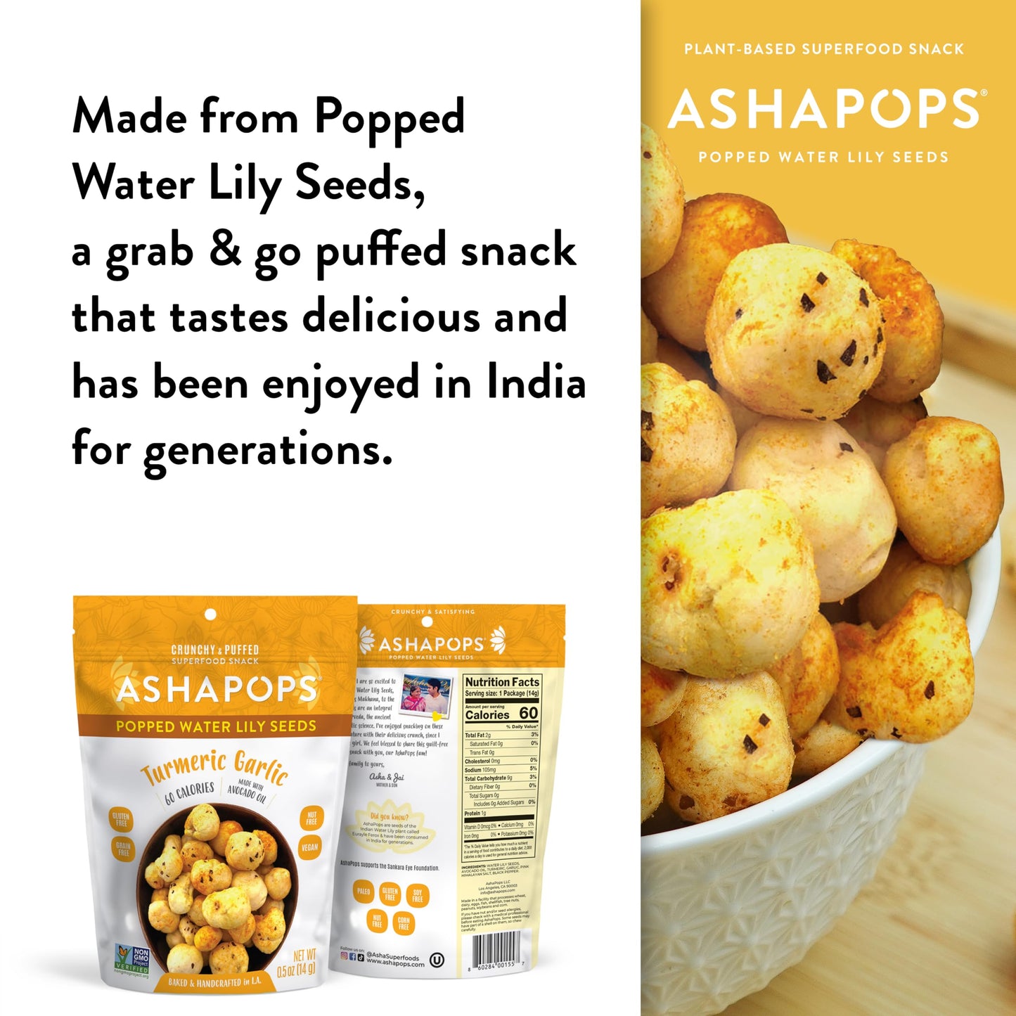 AshaPops Turmeric Garlic Flavored Popped Water Lily Seeds, 0.5 oz (Pack of 12) - Gluten-Free, Vegan, Paleo, Nut-Free, Corn-Free,
