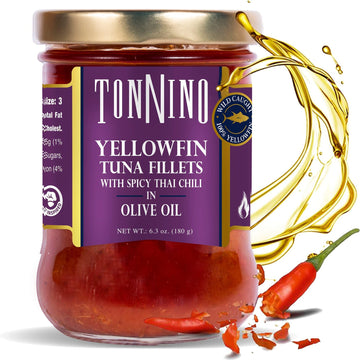 Tonnino Yellowfin Tuna In Olive Oil With Spicy Thai Chili 6.3Oz - 6-Pack: Omega-3, High Protein, Gluten-Free, Ready-To-Eat Tuna Packets For Tuna Salad, Tuna Fish Alternative To Salmon, Tuna Fish