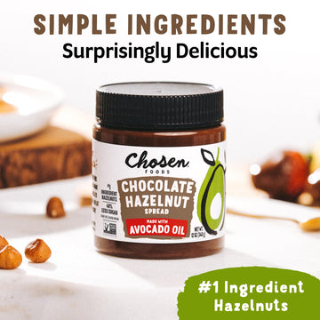 Chosen Foods Chocolate Hazelnut Spread - Made with 100% Pure Avocado Oil, Simple Ingredients, 40% Less Sugar, Vegan, Free of Pal
